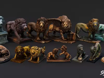Lion Statues Pack VOL4 Low-poly 3D model