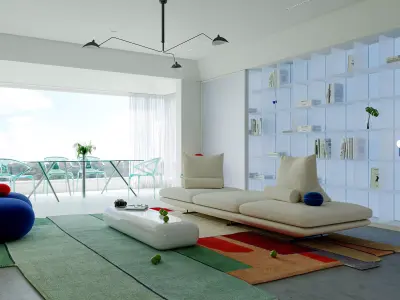 Modern Minimalist Living Room with Bold Blue Lips Sofa 008 3D model