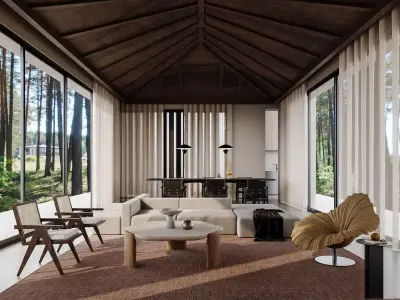 Living Room and Kitchen with Dinning Set Low-poly-132 Low-poly 3D model