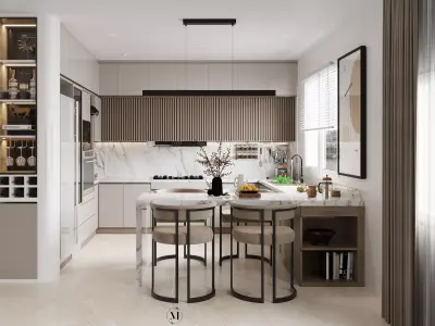Sleek Modern Kitchen with Marble Island and Ribbed Wood Accents Low-poly 3D model