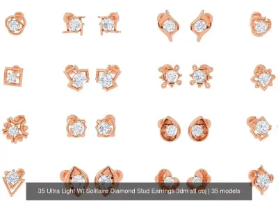 35 Ultra Light Wt Solitaire Diamond Stud Earrings 3dm stl obj 3D Model Pack