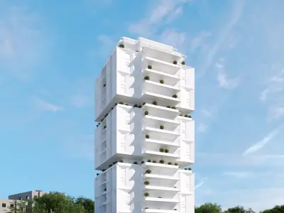 Residential building geometrical facade night time 3D model