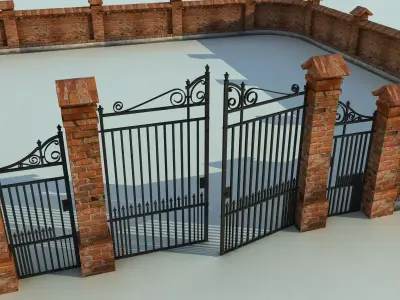 Brick Fence Wall Gate 3D model