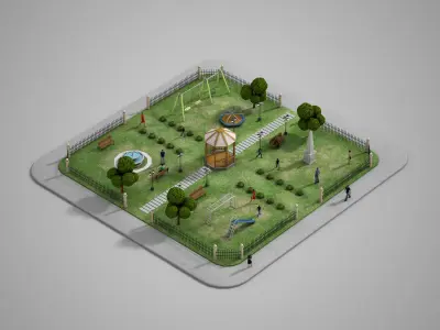 Urban Park with children games Low-poly 3D model