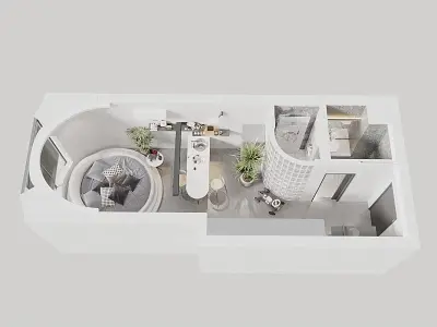 1 bed Hotel Cement Glass Wall 3D model