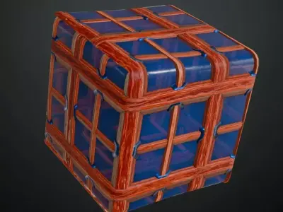 Stylized Wooden Window Frame with Blue Glass PBR Seamless Texture