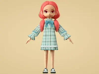 Girls in light green checkered dress 3D model
