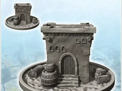 Medieval house on pedestal with flat roof and exterior accessori 3D print model