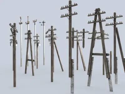 Set electric poles whole and broken Low-poly 3D model