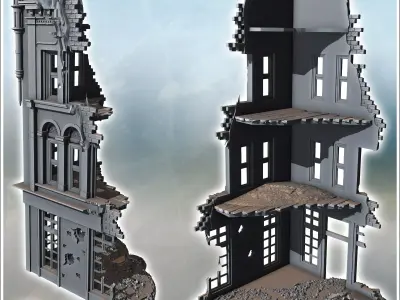 Corner building with decorative arched windows damaged upper wal 3D print model