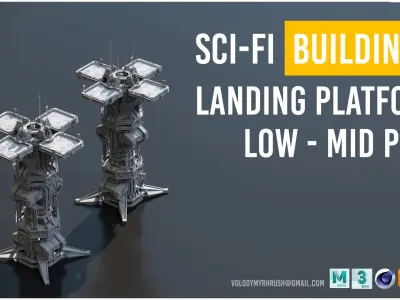 Scifi buildings futuristic landing platform Low-poly 3D model