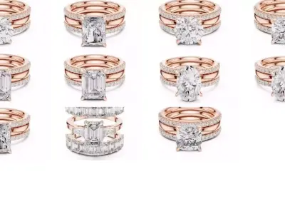11 Three Piece Ring Set 3DM STL OBJ FBX 3 Color Render Video 3D Model Pack