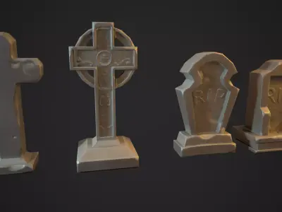 Tombstone four gravestones Low-poly 3D model