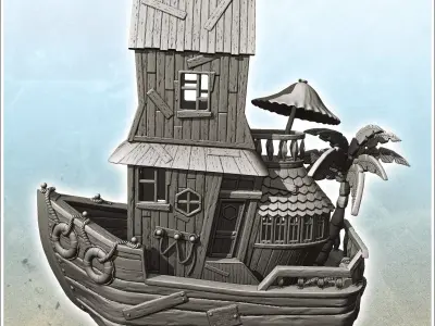 House on boat with parasol and palm tree 1 - Pirate Jungle Islan 3D print model