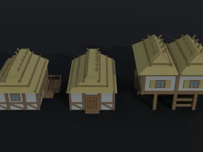 Cartoon medieval wood city asset Polygonal Style Low-poly 3D model