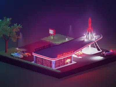 Low poly Red Rocket Station diorama Low-poly 3D model