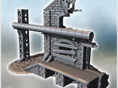Three-story building with arched windows missing walls and expos 3D print model