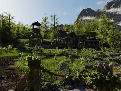 Waterfall Village Scene 3D model