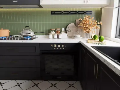 Modern Classic U-Shaped Kitchen with Appliances 3D model