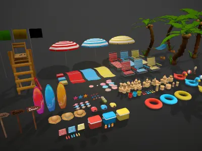 BEACH PACK - CARTOON STYLIZED Low-poly 3D model