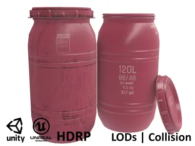 Game-ready Plastic Barrel - clean and dirty - red Low-poly 3D model