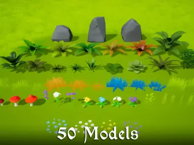 Stylized Grass and Plants Low-poly 3D model