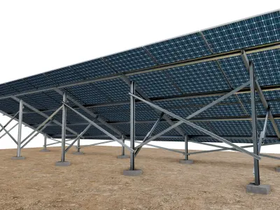 Lowpoly Ground Mounted Solar Panels-10 Rows of PV Modules Low-poly 3D model