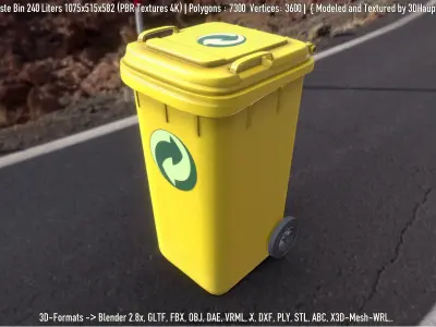 Yellow Plastic Waste Bin 240 Liters 1075x515x582 Low-poly 3D model