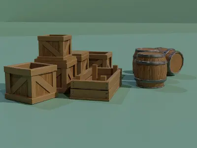  stylized  box and an oak barrel Low-poly 3D model