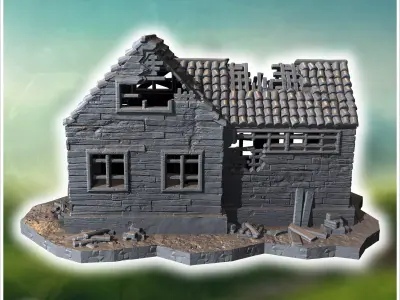 Ruined building with collapsed roof broken walls and scattered w 3D print model
