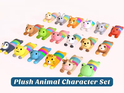 Plush Animal Character Set Low-poly 3D model