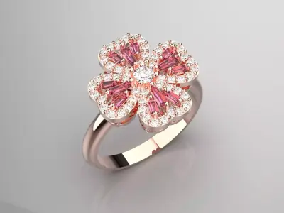 Rose Gold 3dm Ring Flower Design Diamonds and Ruby Model jr00211 3D print model