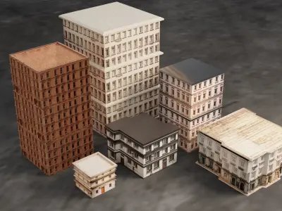 6 Realistic Low Poly Buildings building  Low-poly 3D model