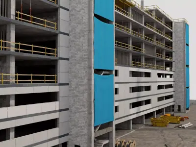 Construction Site with Building and Construction Vehicles low Low-poly 3D model