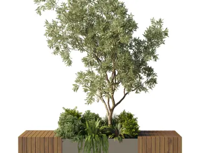 Urban Environment Urban Furniture Green Benches Plants and Tree 3D model