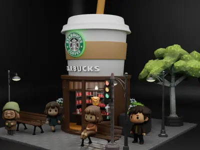 Starbucks  Miniature Coffee Shop Diorama Scene Low-poly 3D model