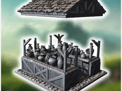 Covered wooden stall with shelves displaying various ceramic pot 3D print model