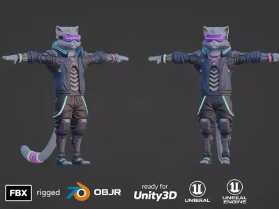 Cyberpunk Cat 3D Character Model For Unity3D And Unreal Ready   Low-poly 3D model