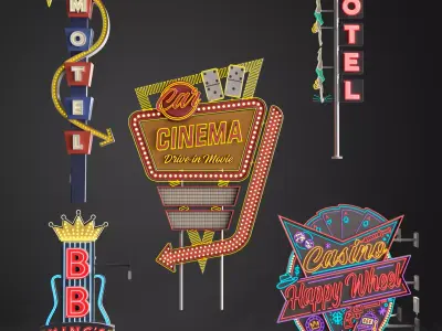 5 Neon signs in 3 types Low-poly 3D model
