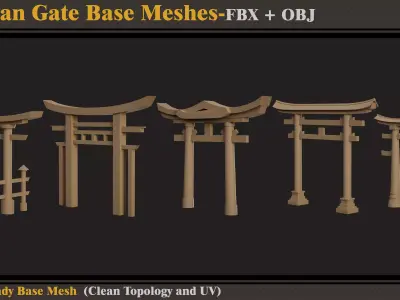 15 Asian Gate Base Meshes- FBX -OBJ  3D model
