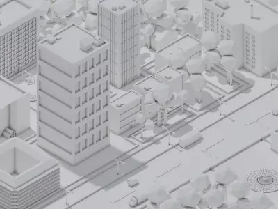 Low poly city with buildings and trees Low-poly 3D model