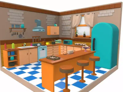 Isometric cartoon kitchen room 01 3D model