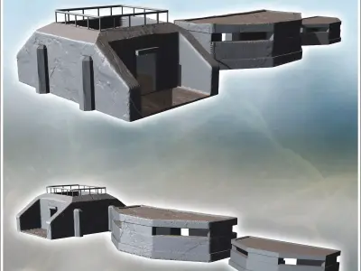 Three modern flat-roofed bunkers with reinforced walls featuring 3D print model