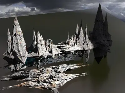 Sci fi Core crystal Ruined Tower City 3D model