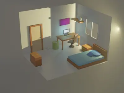 Low Poly Room with bed and desk 3D model