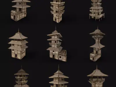 FEUDAL JAPAN CHINESE TOWER DOJO WATCHTOWER SAMURAI NINJA PACK Low-poly 3D model