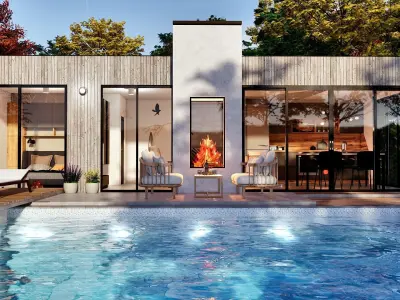 modern pool house with fireplace 3d model Low-poly 3D model