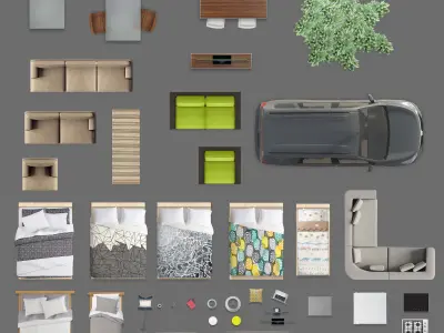 2d furniture floorplan top view PSD 3D model render top plan top 3D model