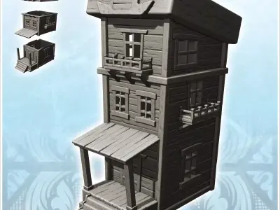 Two-storey medieval wooden building with platform entrance and c 3D print model