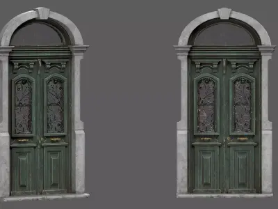 Green Wooden Door With Metallic Ornament On Windows Low-poly 3D model